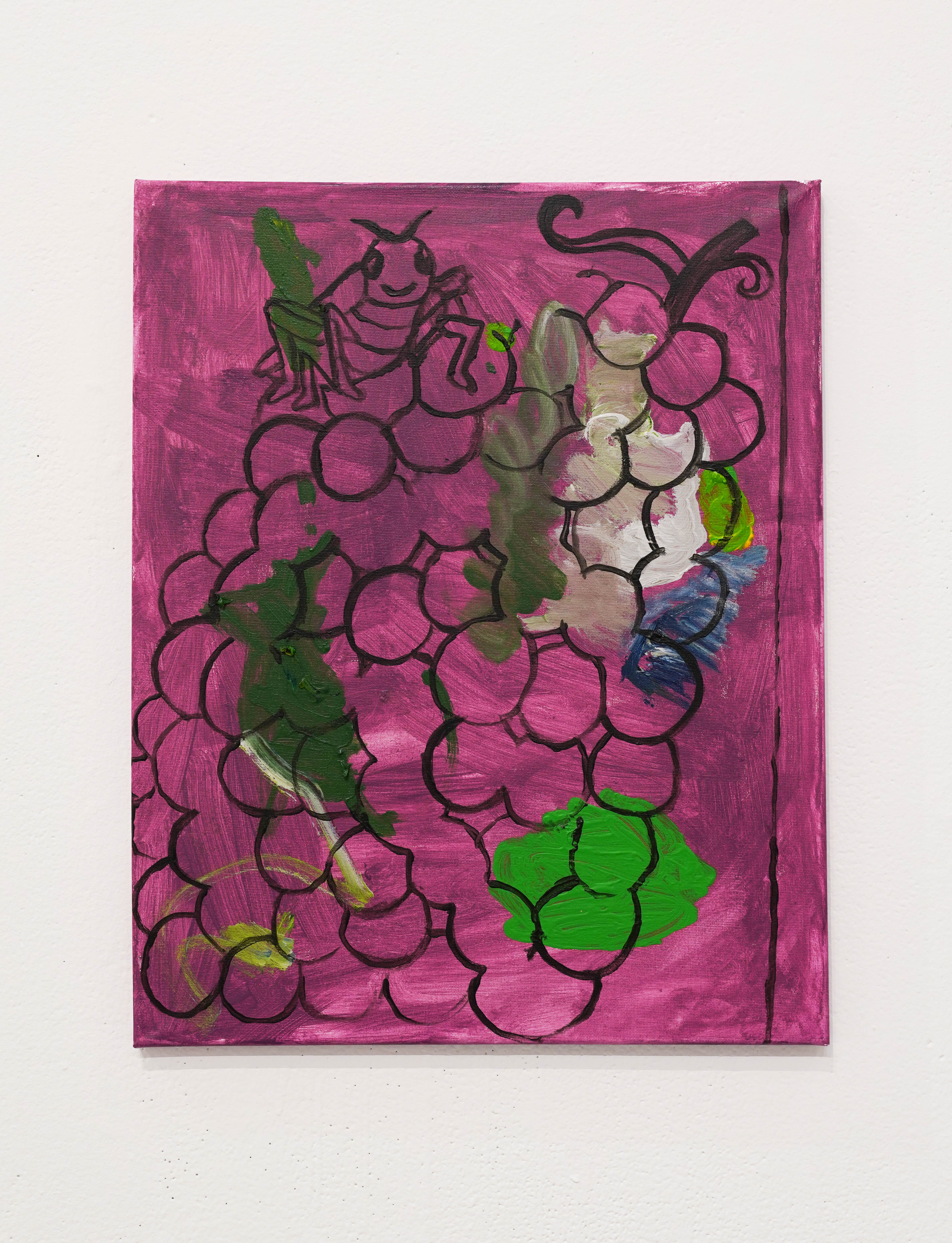 <span class='aN'>Tamen Pérez, </span><i>Grapes con Grillo</i><br>2020, acrylic on canvas, 18 × 24″